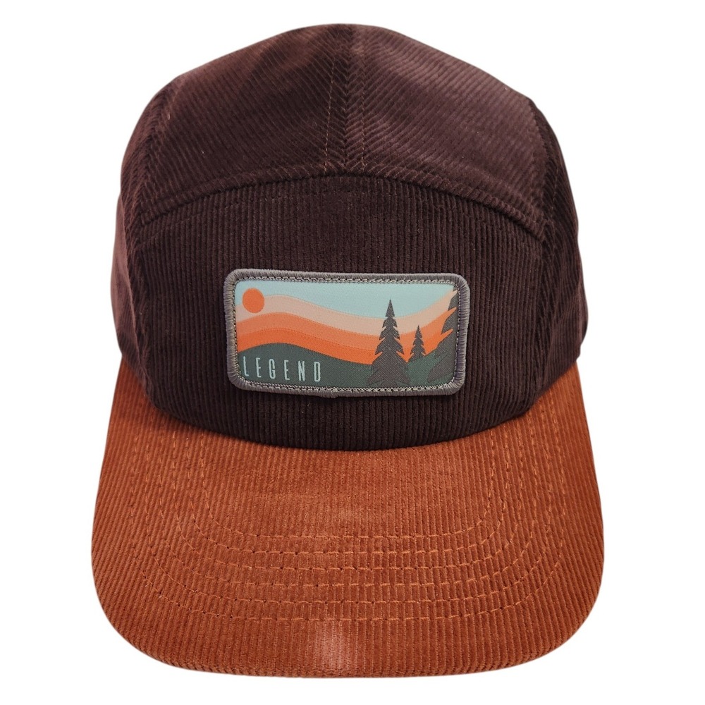 Legend Corduroy 5 Panel Hat‎ Brown Orange Landscape Patch Camper Cap Mens USA